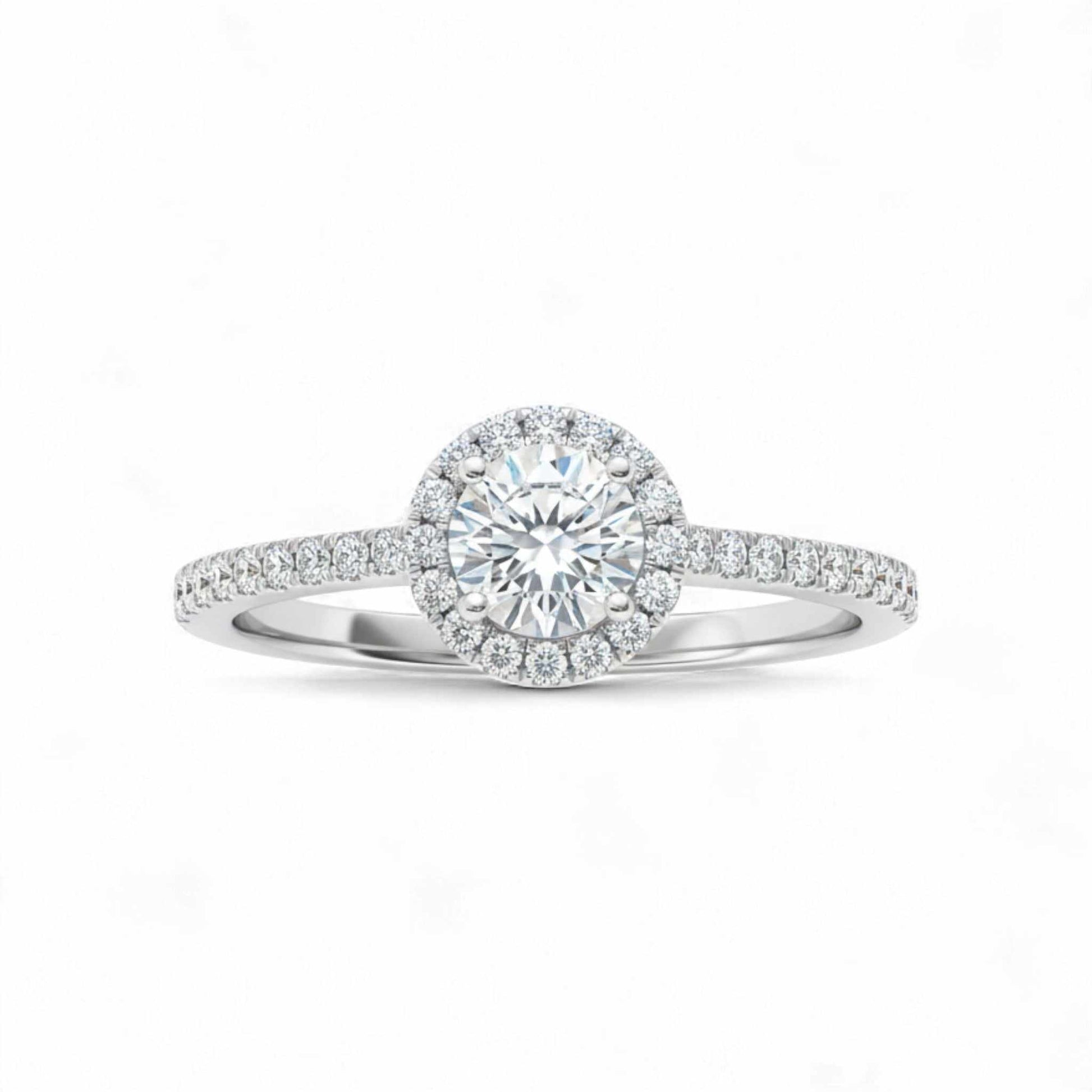 Classic Halo Round Cut CZ Engagement Ring in 925 sterling silver with round cubic zirconia center and halo setting