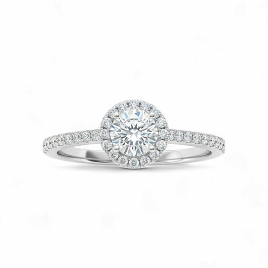 Classic Halo Round Cut CZ Engagement Ring in 925 sterling silver with round cubic zirconia center and halo setting