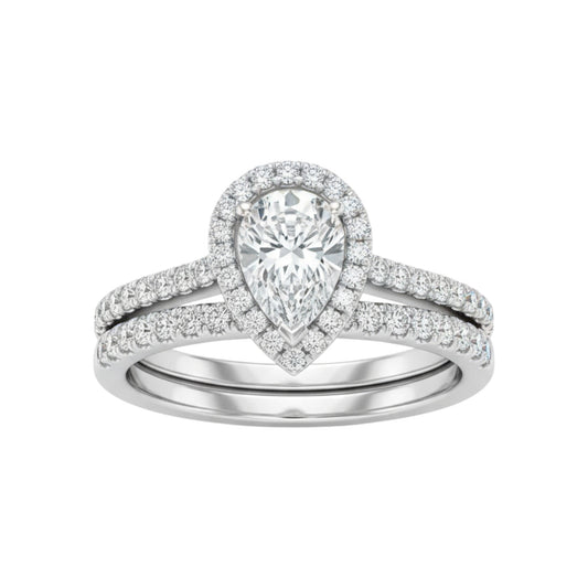 Diamond ring with pear-shaped center stone on a white background