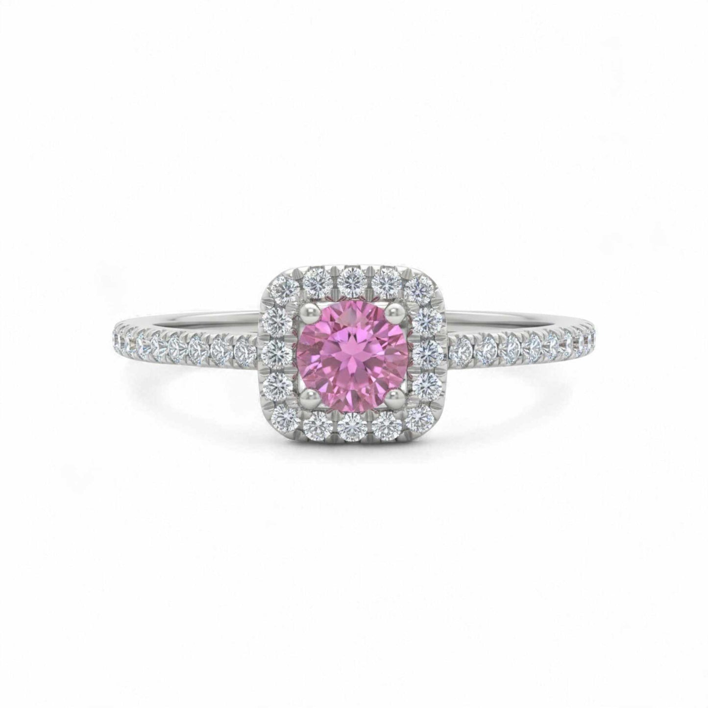 Dainty Cushion Cut CZ Engagement Ring in 925 sterling silver with pink cushion-cut cubic zirconia and diamond-like accents on slender band