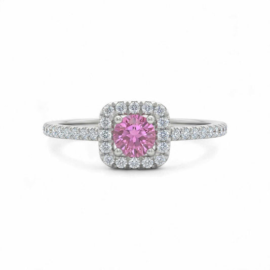 Dainty Cushion Cut CZ Engagement Ring in 925 sterling silver with pink cushion-cut cubic zirconia and diamond-like accents on slender band