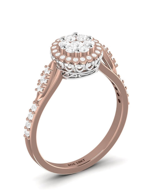 A round 18K gold engagement ring with a central cluster of natural diamonds surrounded by smaller diamonds set in the band.