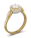 A round 18K gold engagement ring with a central cluster of natural diamonds surrounded by smaller diamonds set in the band.