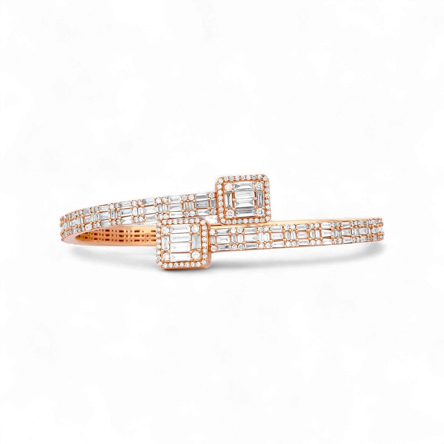 Baguette Bangle Diamond Bracelet in 18KT gold with baguette-cut and round diamonds, open-ended design