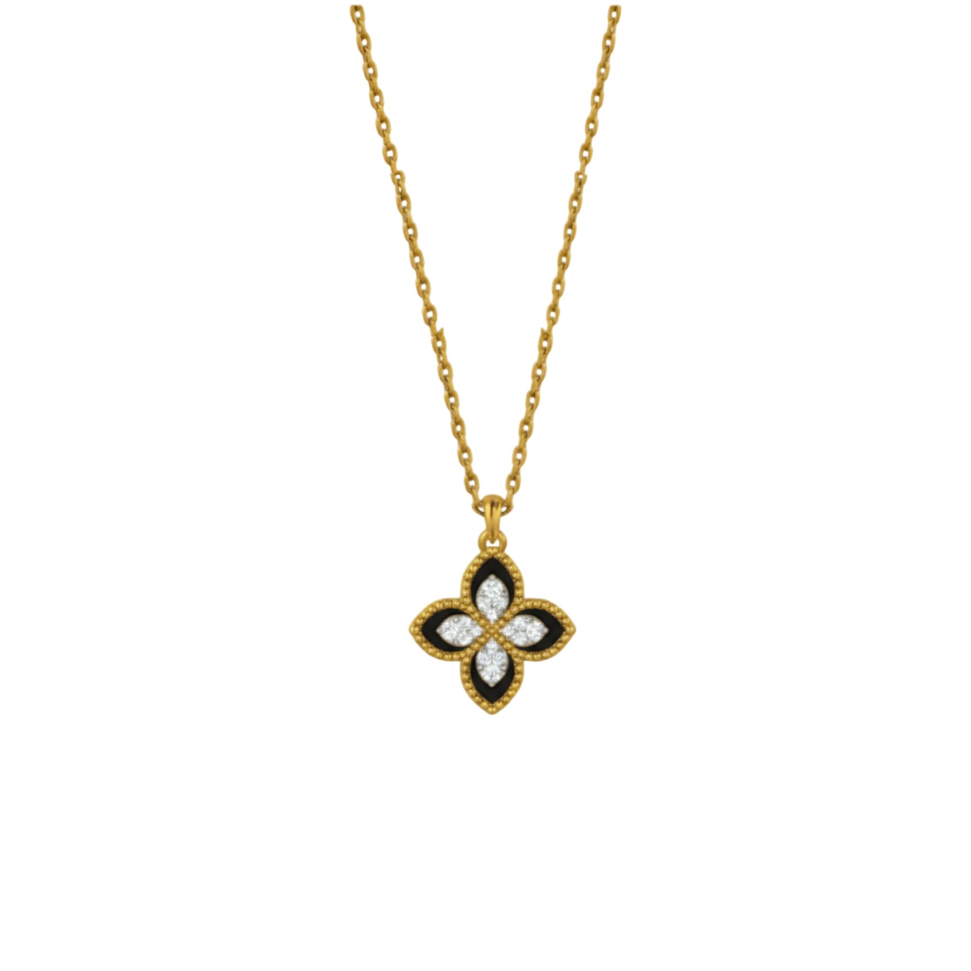 Gold necklace with a clover-shaped pendant on a white background