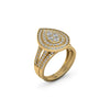Gold ring with diamond accents on a white background