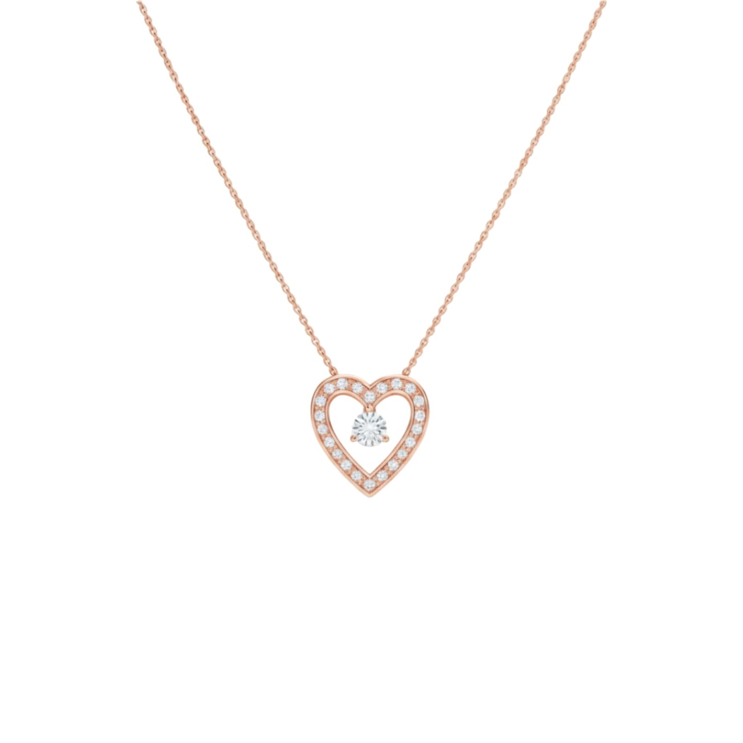 Rose gold heart-shaped necklace with a diamond on a white background