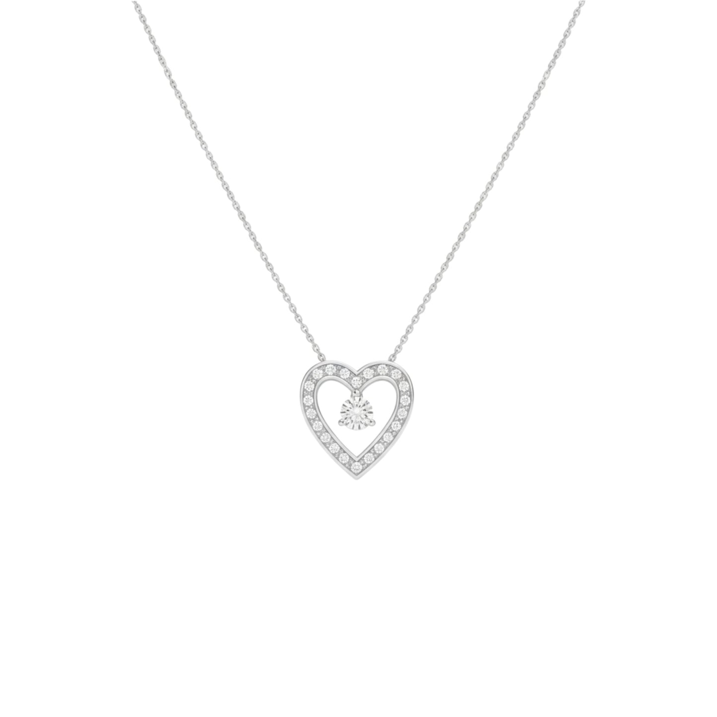Heart-shaped diamond necklace on a white background