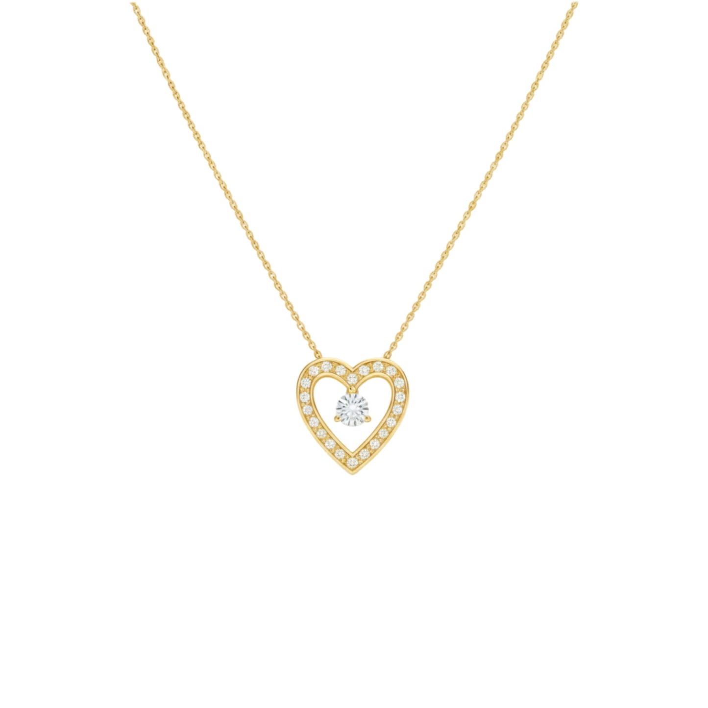 Gold heart-shaped necklace with a diamond on a white background