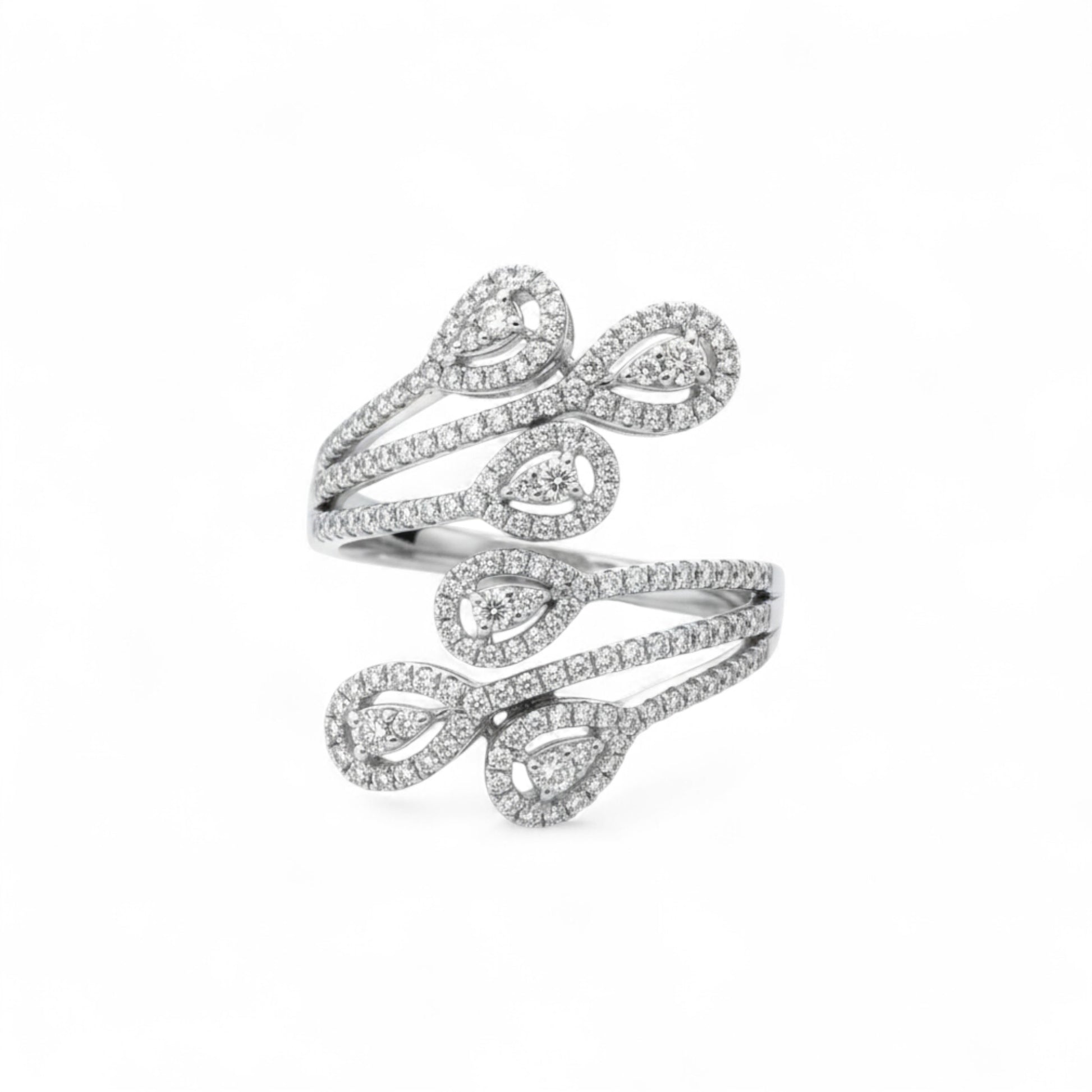 Silver ring with diamond accents on a white background