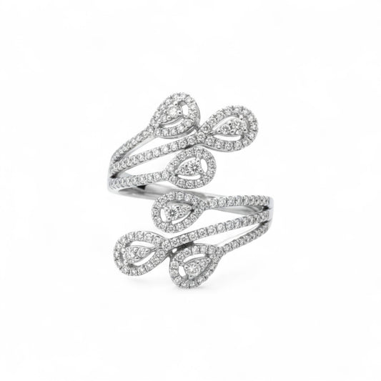 Silver ring with diamond accents on a white background