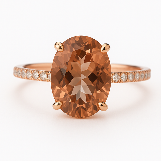 Rose gold ring with a large brown gemstone on a white background