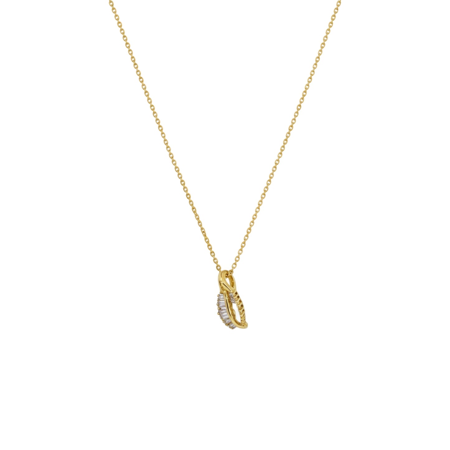 Gold necklace with a small pendant on a white background