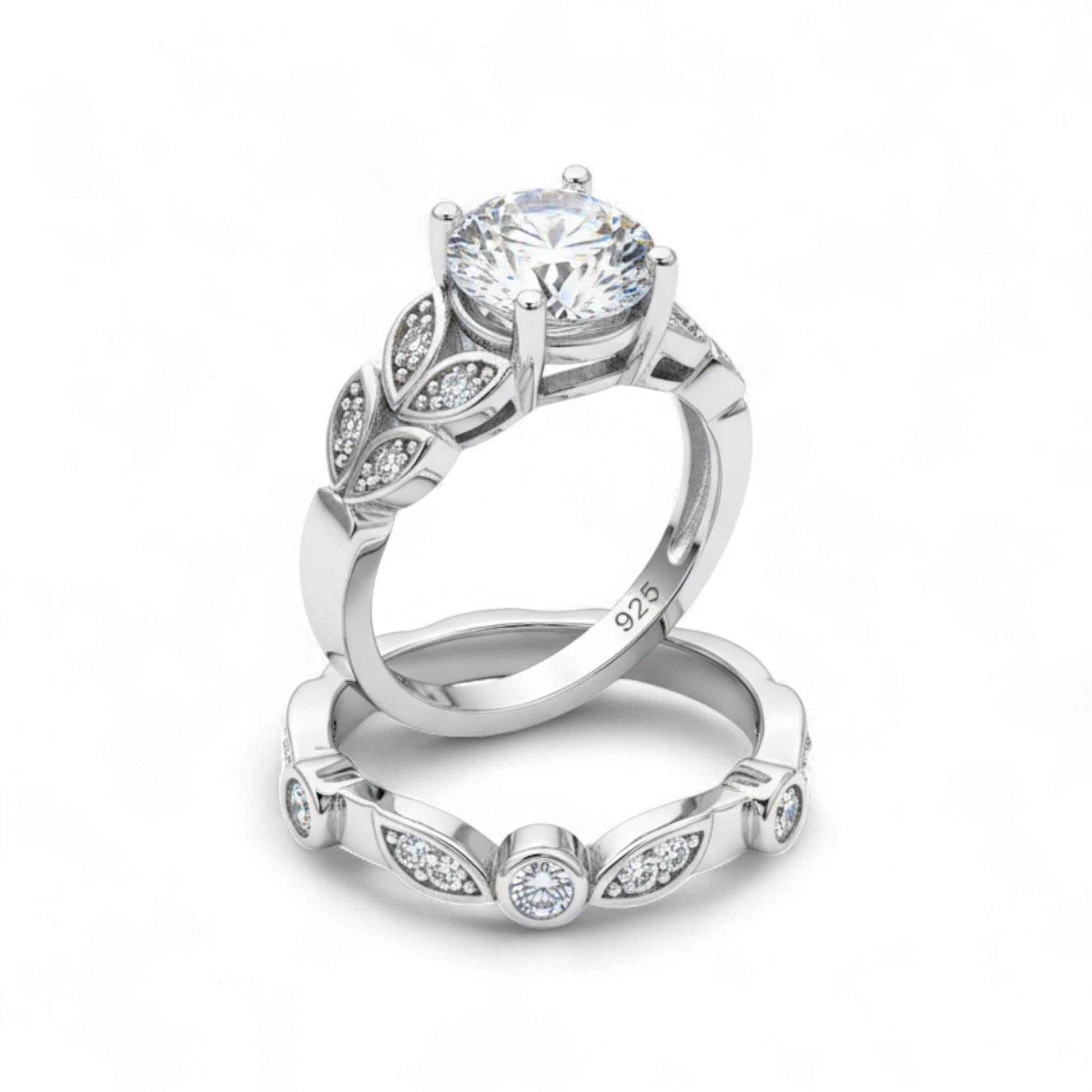 Floral Vintage Round Cut CZ Bride Set in 925 Sterling Silver with intricate filigree and sparkling cubic zirconia stones