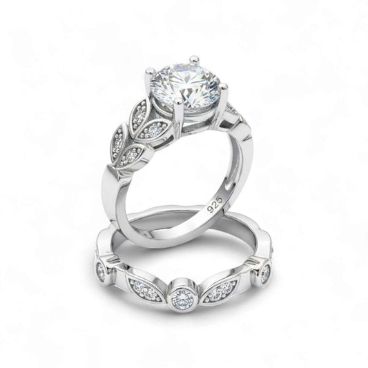 Floral Vintage Round Cut CZ Bride Set in 925 Sterling Silver with intricate filigree and sparkling cubic zirconia stones