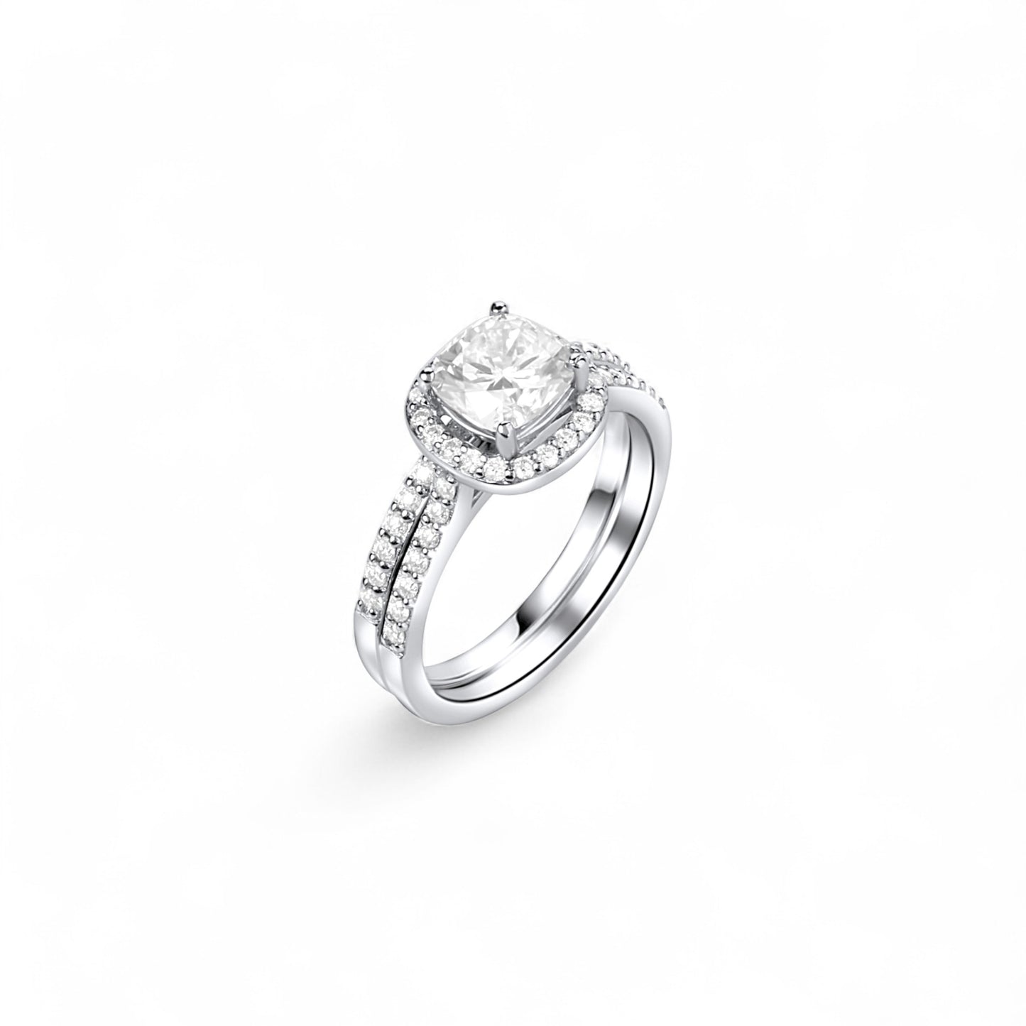 Silver ring with a diamond on a white background