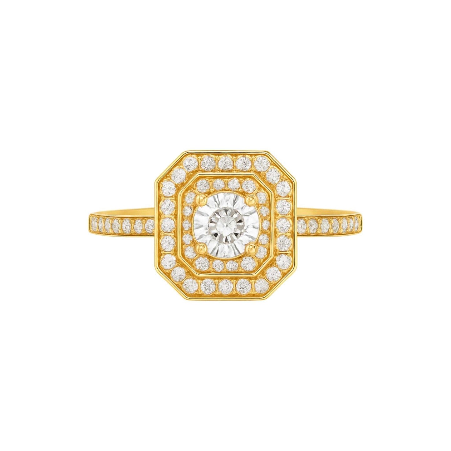 Hexagonal design 18KT gold engagement ring with round-cut cubic zirconia centerpiece and double halo pavé band
