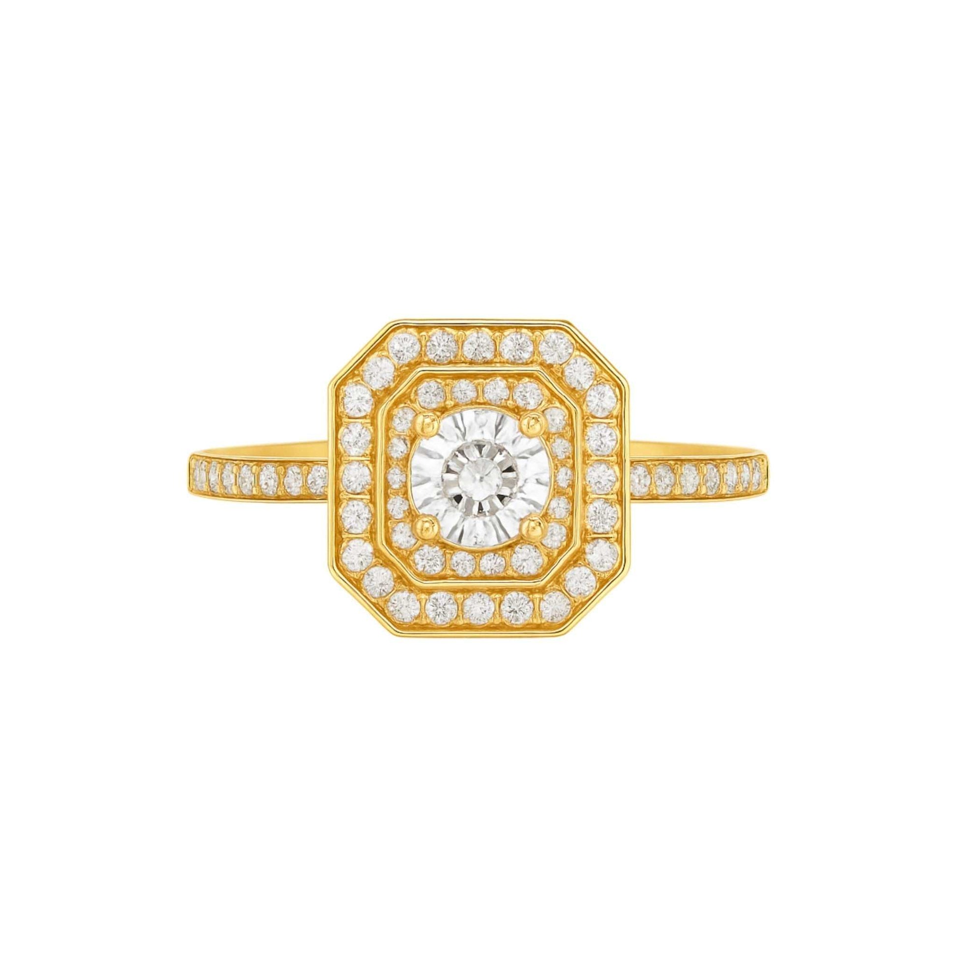 Hexagonal design 18KT gold engagement ring with round-cut cubic zirconia centerpiece and double halo pavé band