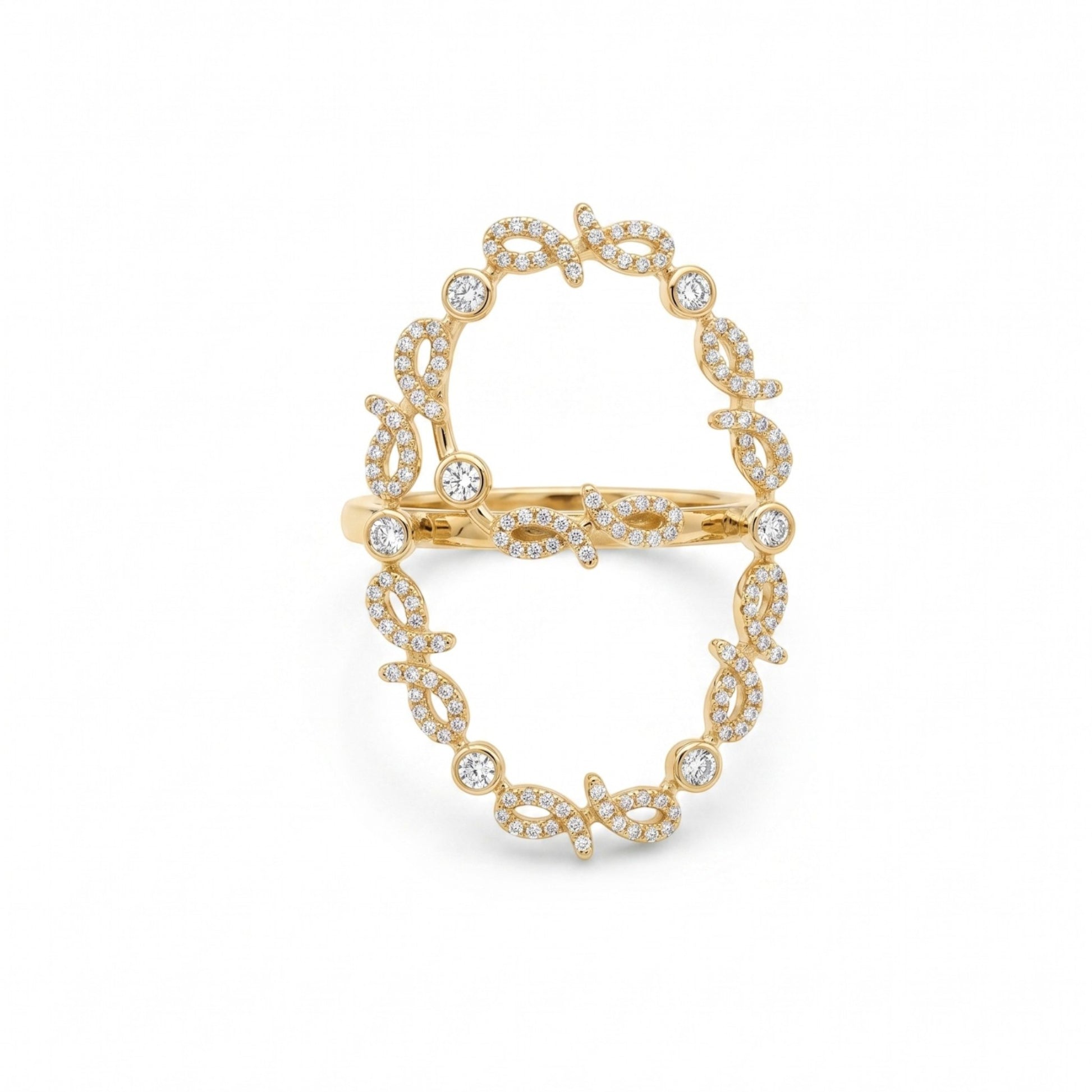 A gold ring featuring an intricate openwork design paved with small clear stones, shown against a plain white background.