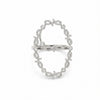 A silver-toned ring featuring an openwork oval design paved with small clear stones, displayed on a clean white background.