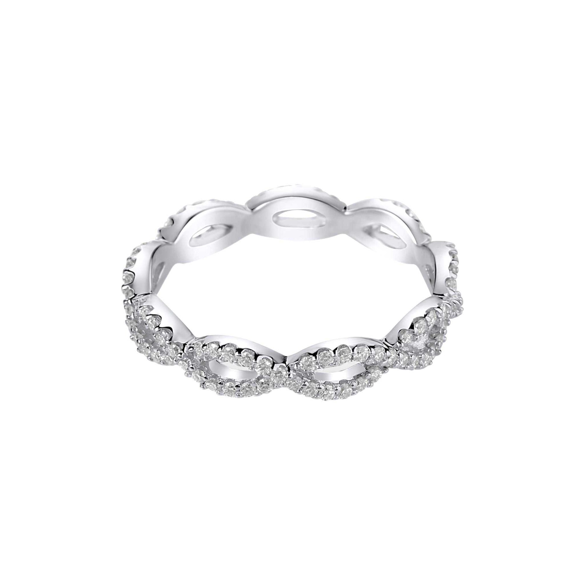 Silver ring with small diamonds on a white background