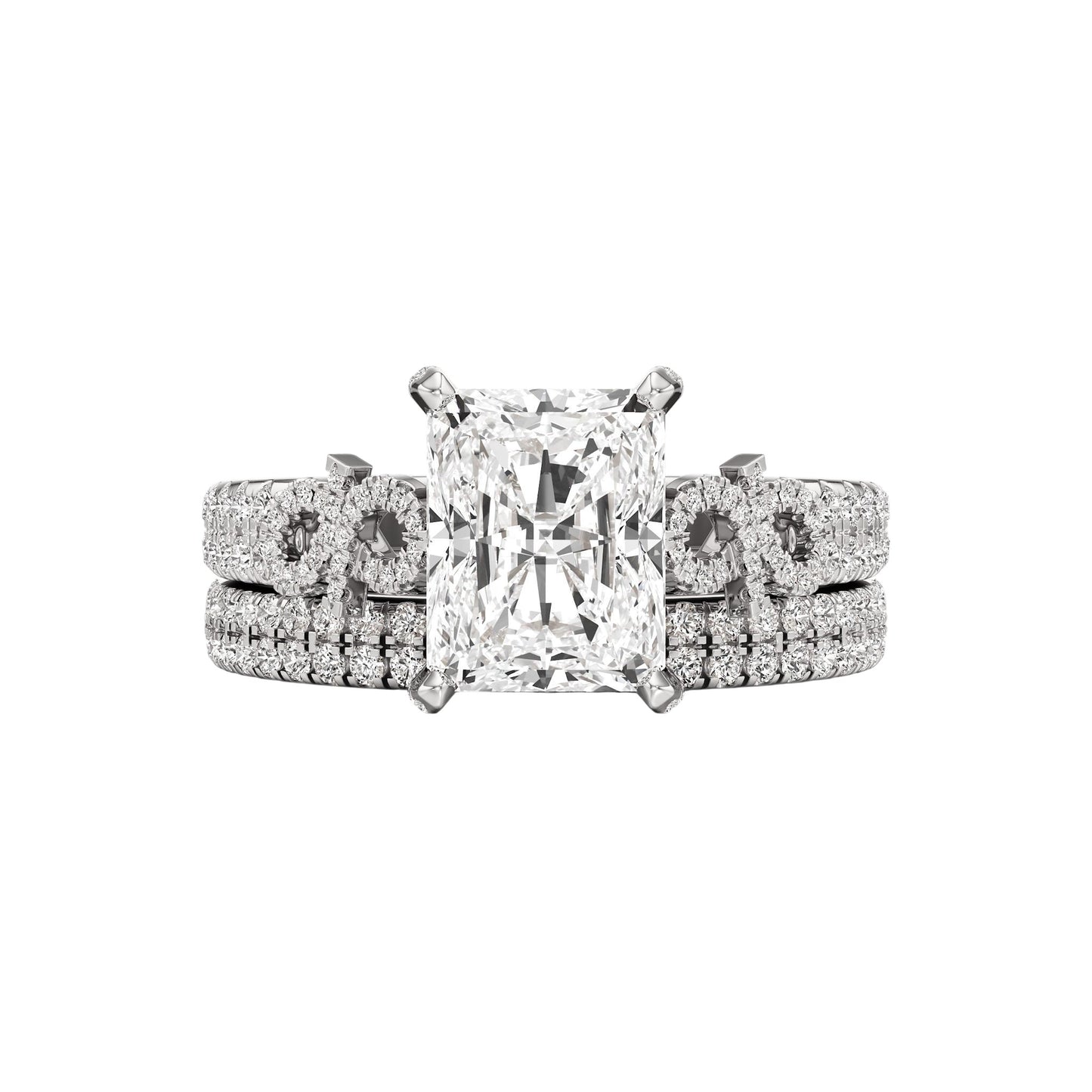 Diamond ring with a central gemstone and smaller stones on a white background