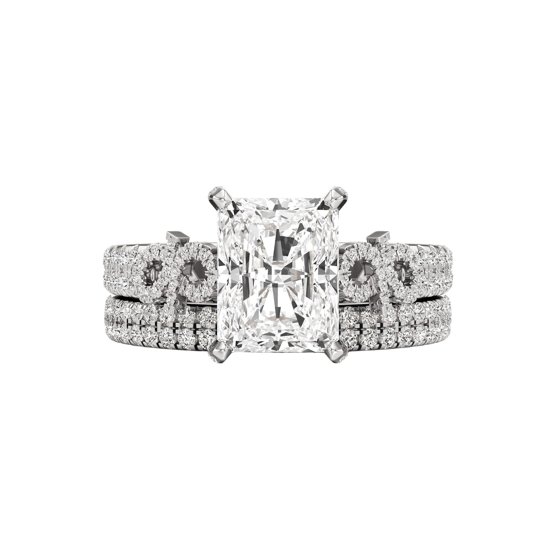 Diamond ring with a central gemstone and smaller stones on a white background