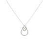 Silver necklace with a circular pendant on a white background
