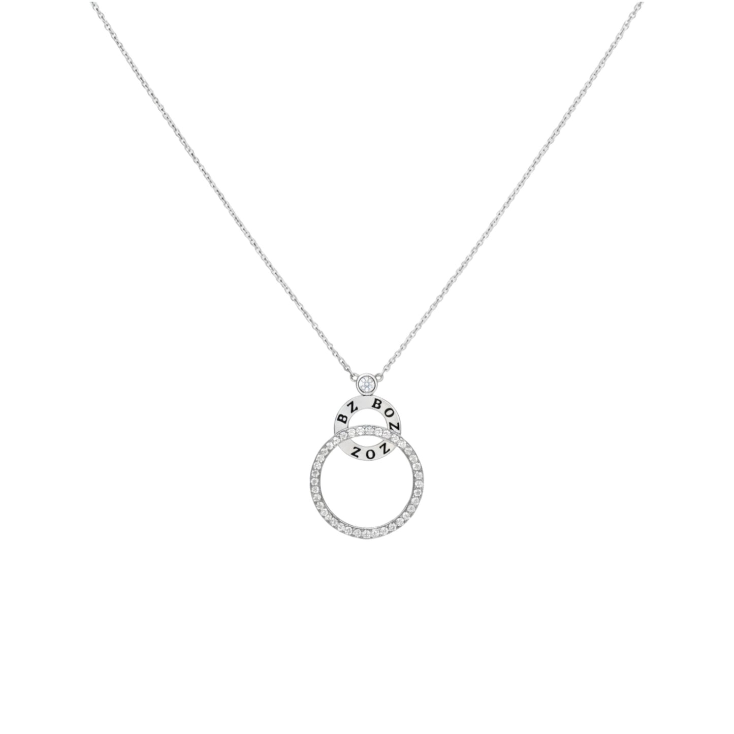 Silver necklace with a circular pendant on a white background