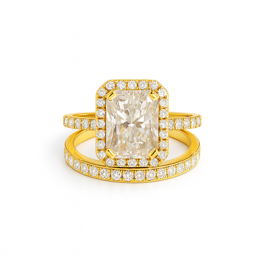 Gold ring with a large diamond and smaller diamonds on a white background