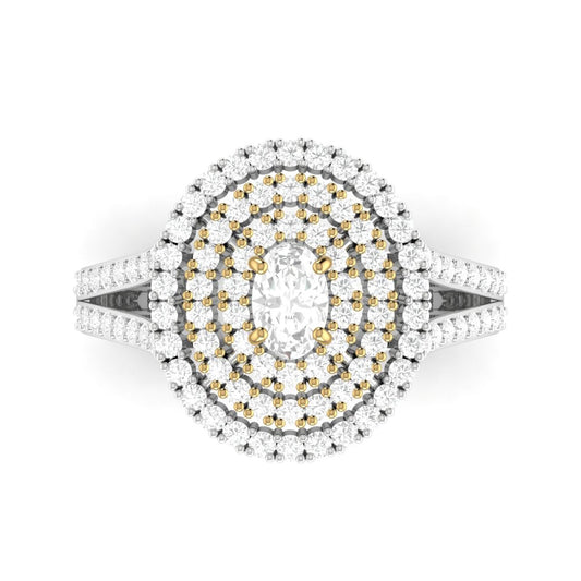 An oval-cut moissanite engagement ring with a white gold band, adorned with smaller diamonds.