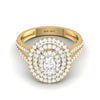 An 18 karat gold engagement ring featuring an oval cut natural diamond surrounded by multiple layers of smaller diamonds