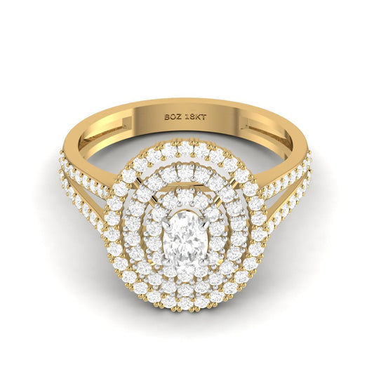 An 18 karat gold engagement ring featuring an oval cut natural diamond surrounded by multiple layers of smaller diamonds