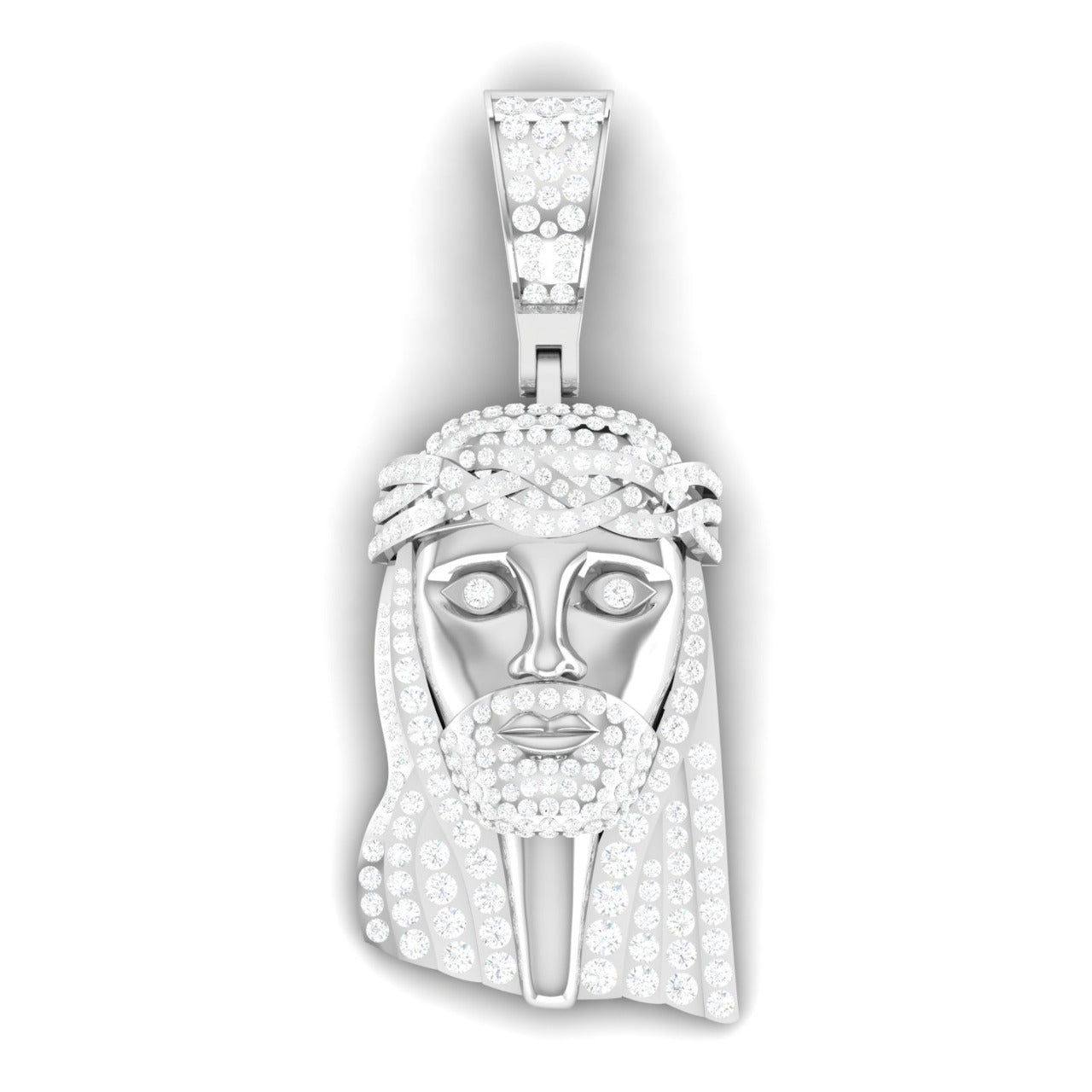 A silver-colored moissanite pendant featuring a depiction of Jesus' face, adorned with a golden crown and surrounded by small white gemstones.
