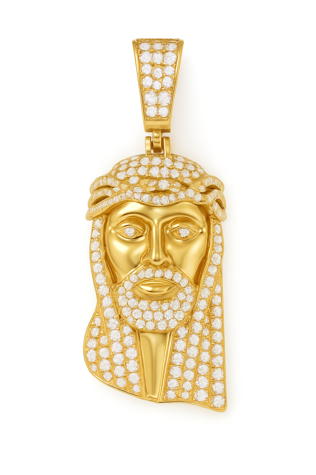 Gold pendant with face design and clear stones on a white background