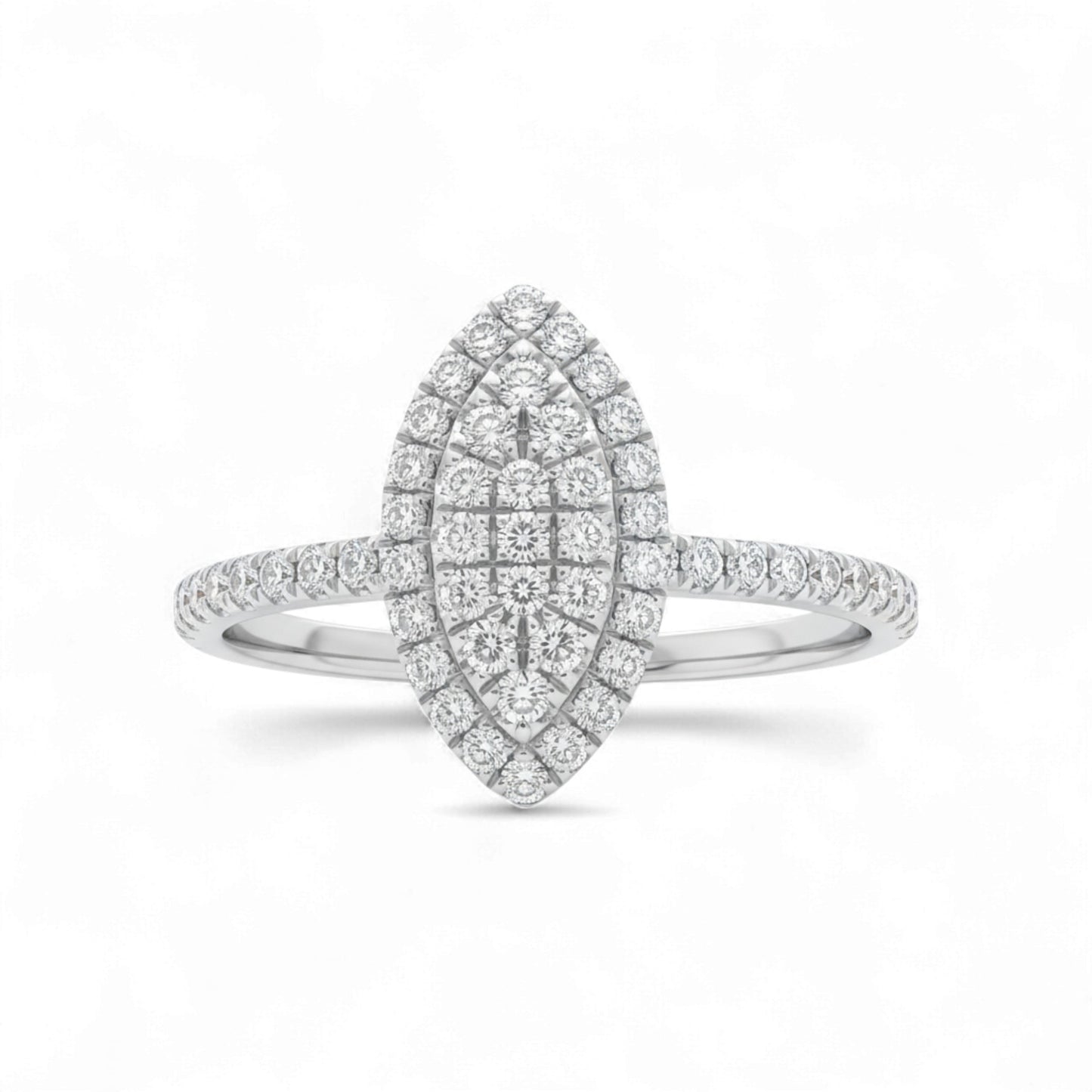 Diamond ring with a marquise-shaped center on a white background