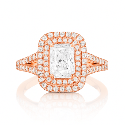 Rose gold ring with a large diamond and smaller diamonds on a white background