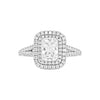 Diamond ring with a rectangular center stone and halo on a white background