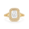 Gold ring with a large central diamond and smaller diamonds on a white background