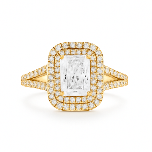Gold ring with a large central diamond and smaller diamonds on a white background