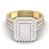 A radiant cut natural diamond cluster engagement ring in 18K gold, displayed on a white band with a grey background.