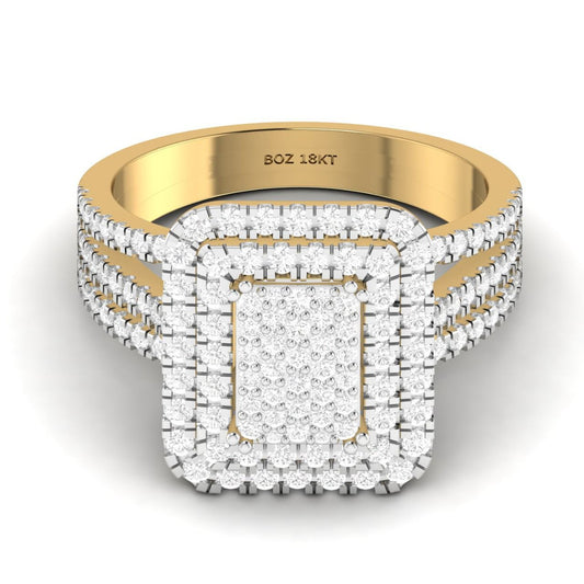 A radiant cut natural diamond cluster engagement ring in 18K gold, displayed on a white band with a grey background.
