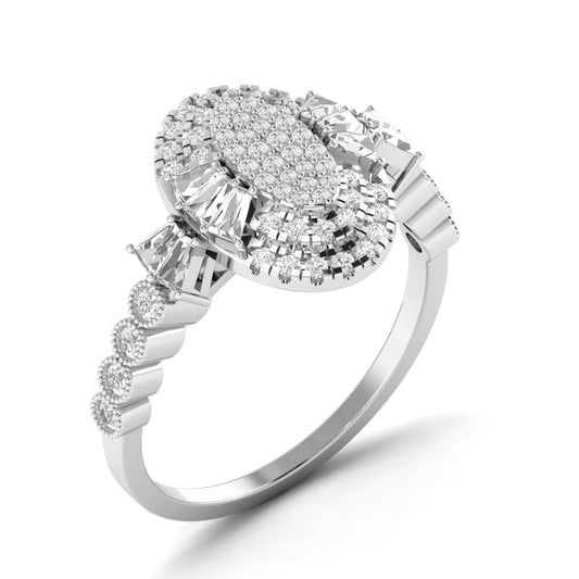 An 18K gold oval cut diamond engagement ring with a partially visible diamond pattern on the band.