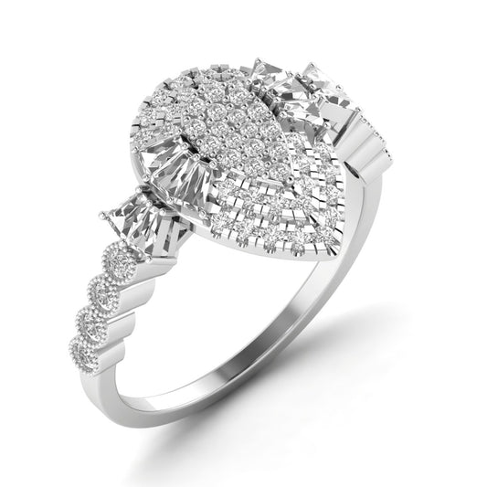A pear cut diamond engagement ring with smaller diamonds set around the main gem, in a white gold band
