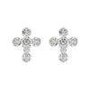 Pair of silver cross-shaped earrings with clear gemstones on a white background