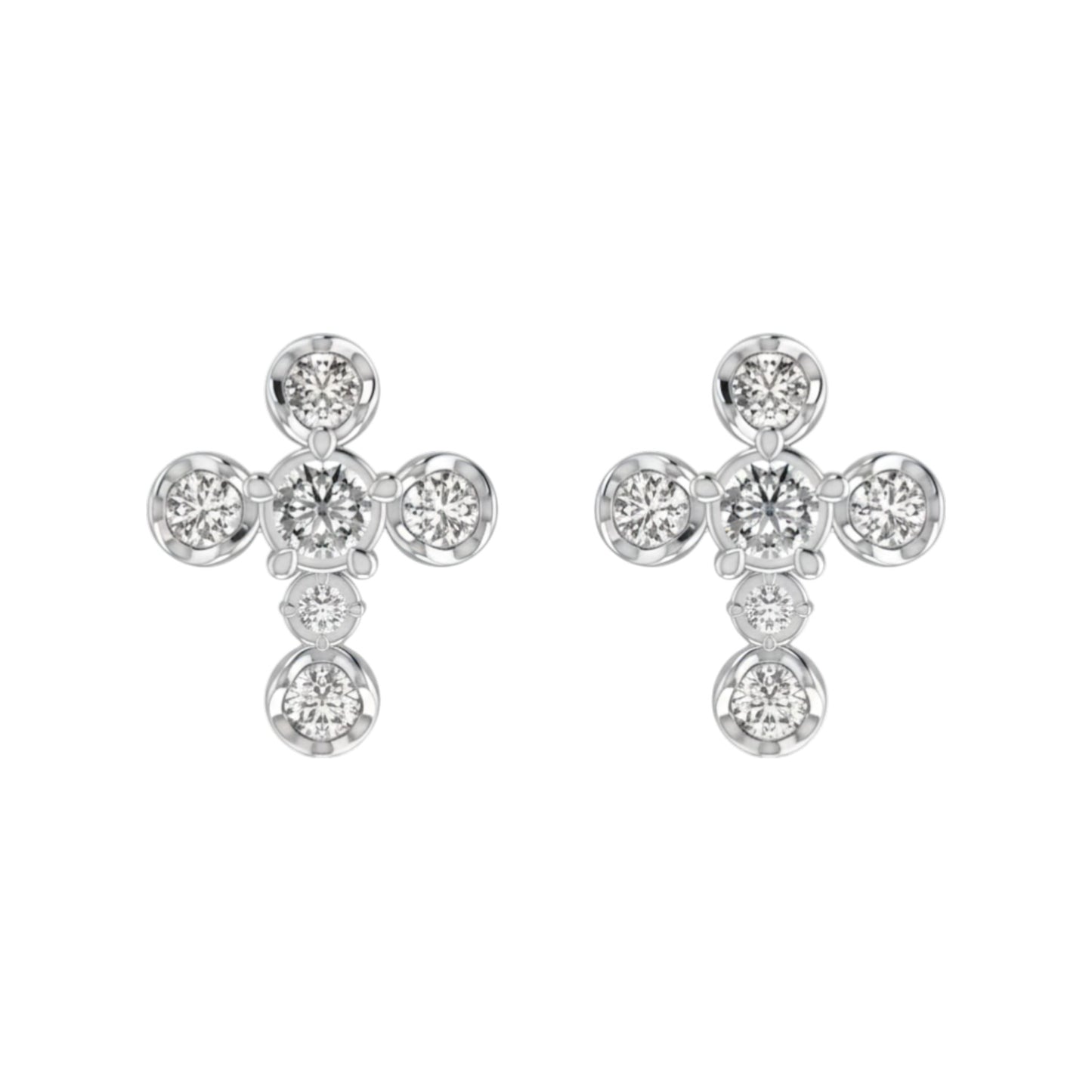 Pair of silver cross-shaped earrings with clear gemstones on a white background