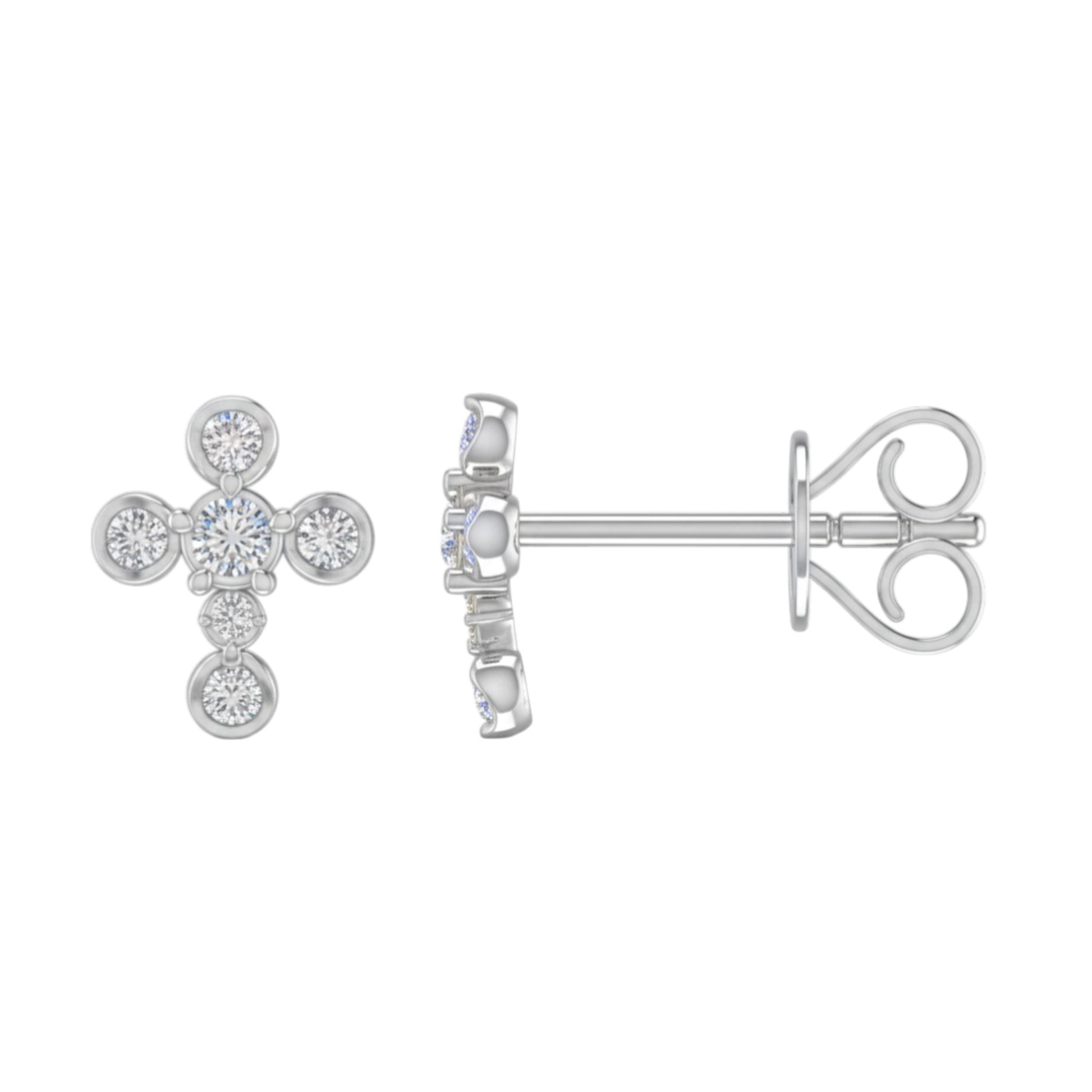Silver earrings with clear gemstones on a white background