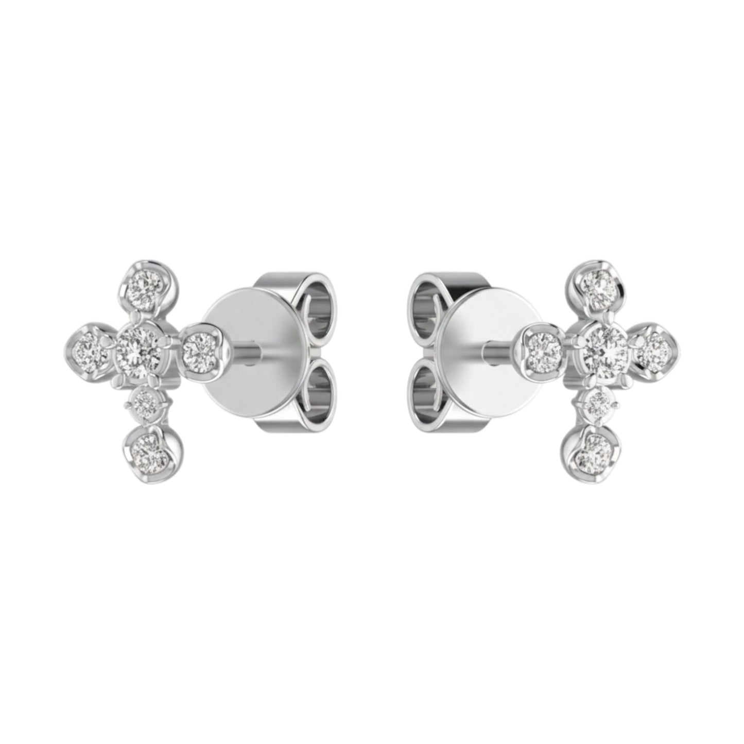 Silver cross-shaped earrings with clear gemstones on a white background