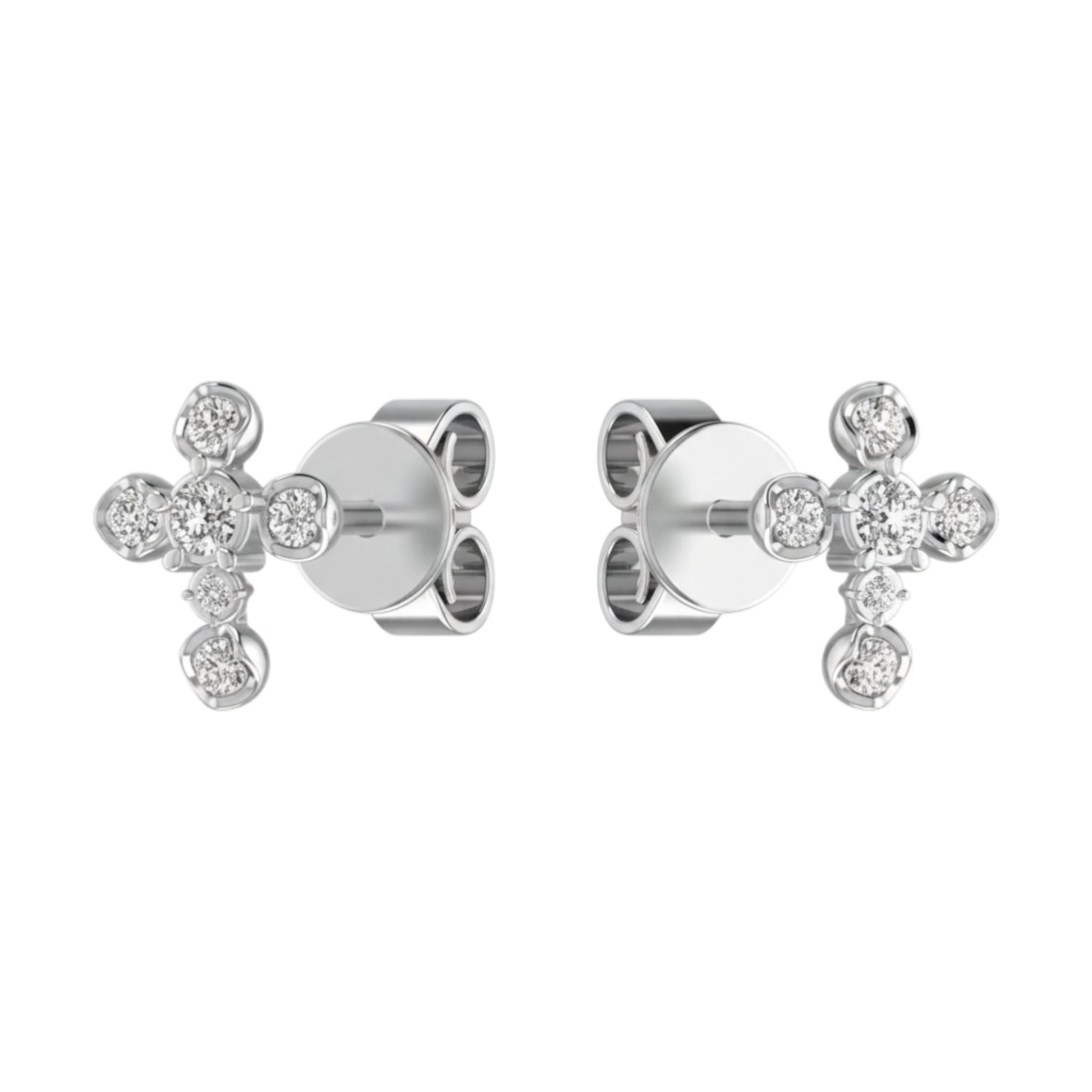Silver cross-shaped earrings with clear gemstones on a white background