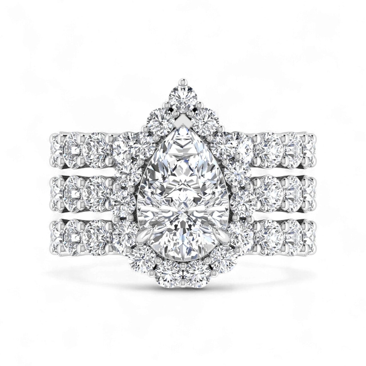 Diamond ring with a pear-shaped center stone on a white background